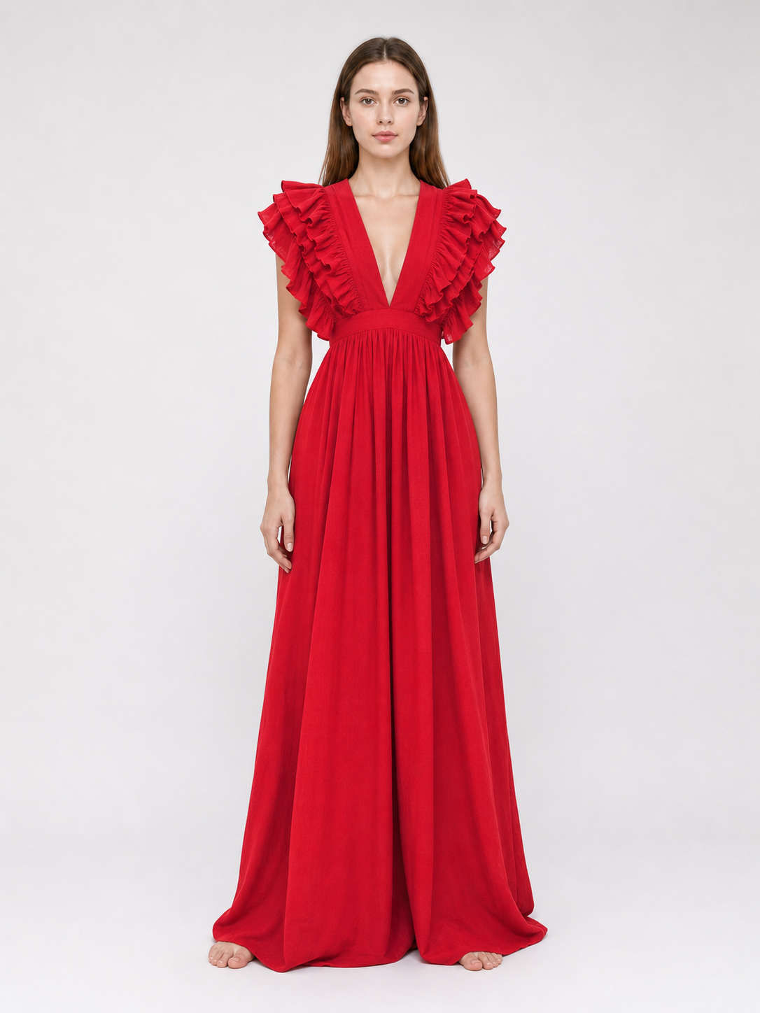 Floor-Length Ruffled Dress with a Deep V-Neckline