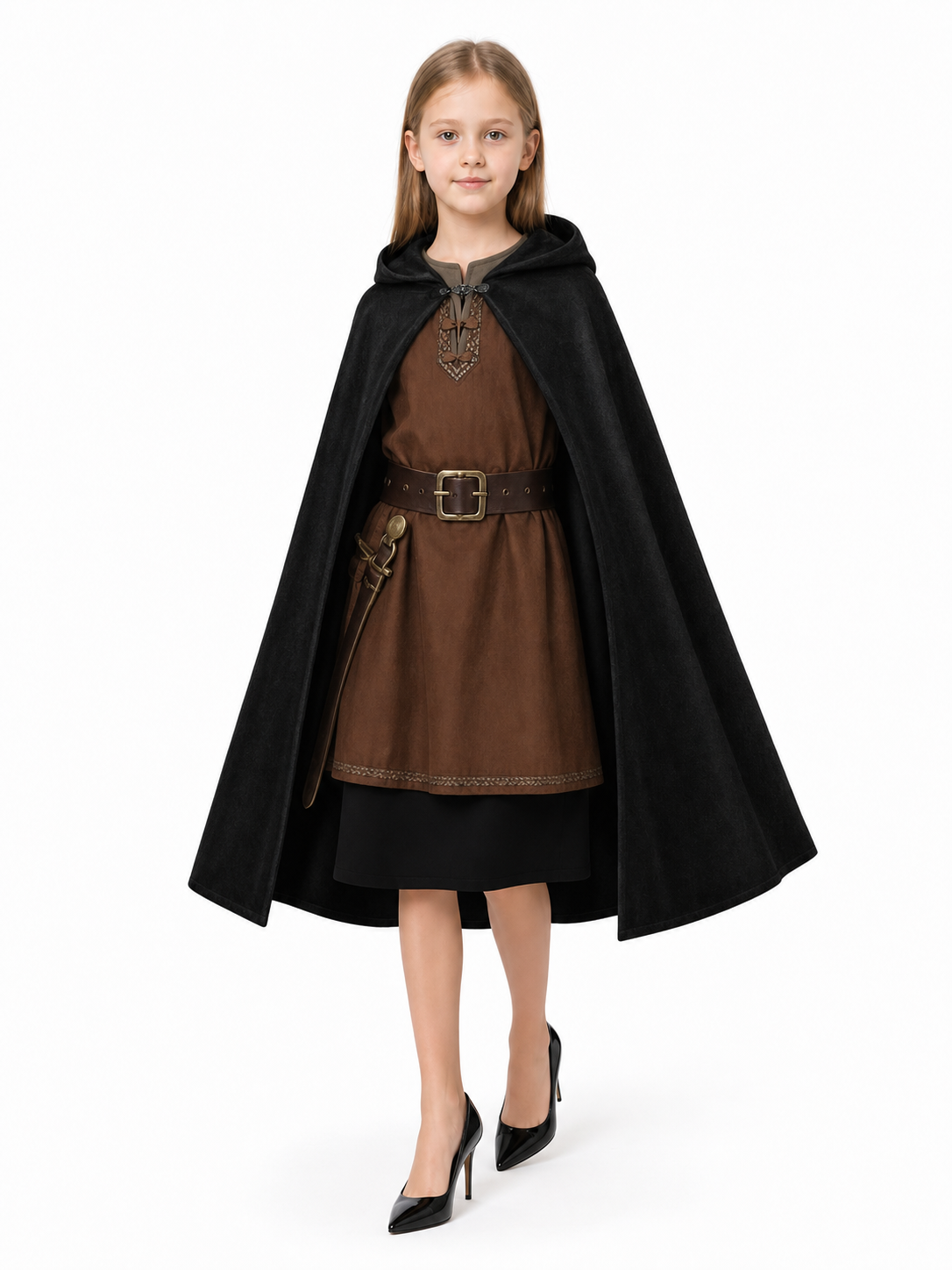 Black medieval hooded carnival cloak