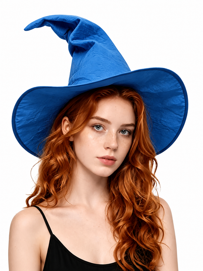 Blue Halloween Witch Hat, Wide Brim Curved Pointed Cap with Black Chin Strap main product view 2