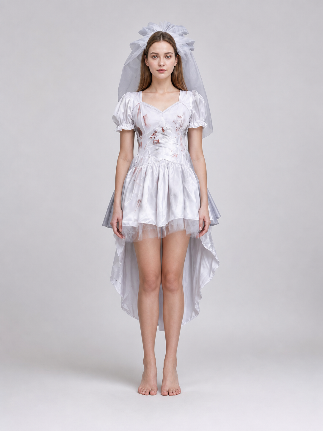 Bridal outfit with veil, satin, and tulle
