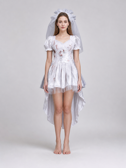 Bridal outfit with veil, satin, and tulle