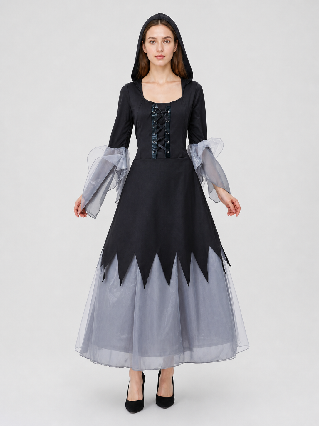Gothic Black and Gray Lace-Up Cosplay Dress