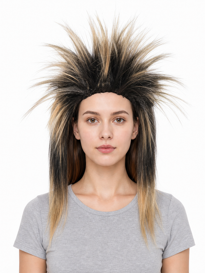 Costume wig with black and blonde spiky fibers and long tapered sides, shown in a front portrait on a model
