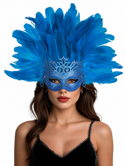 Carnival Mask with Blue Feathers and Glitter