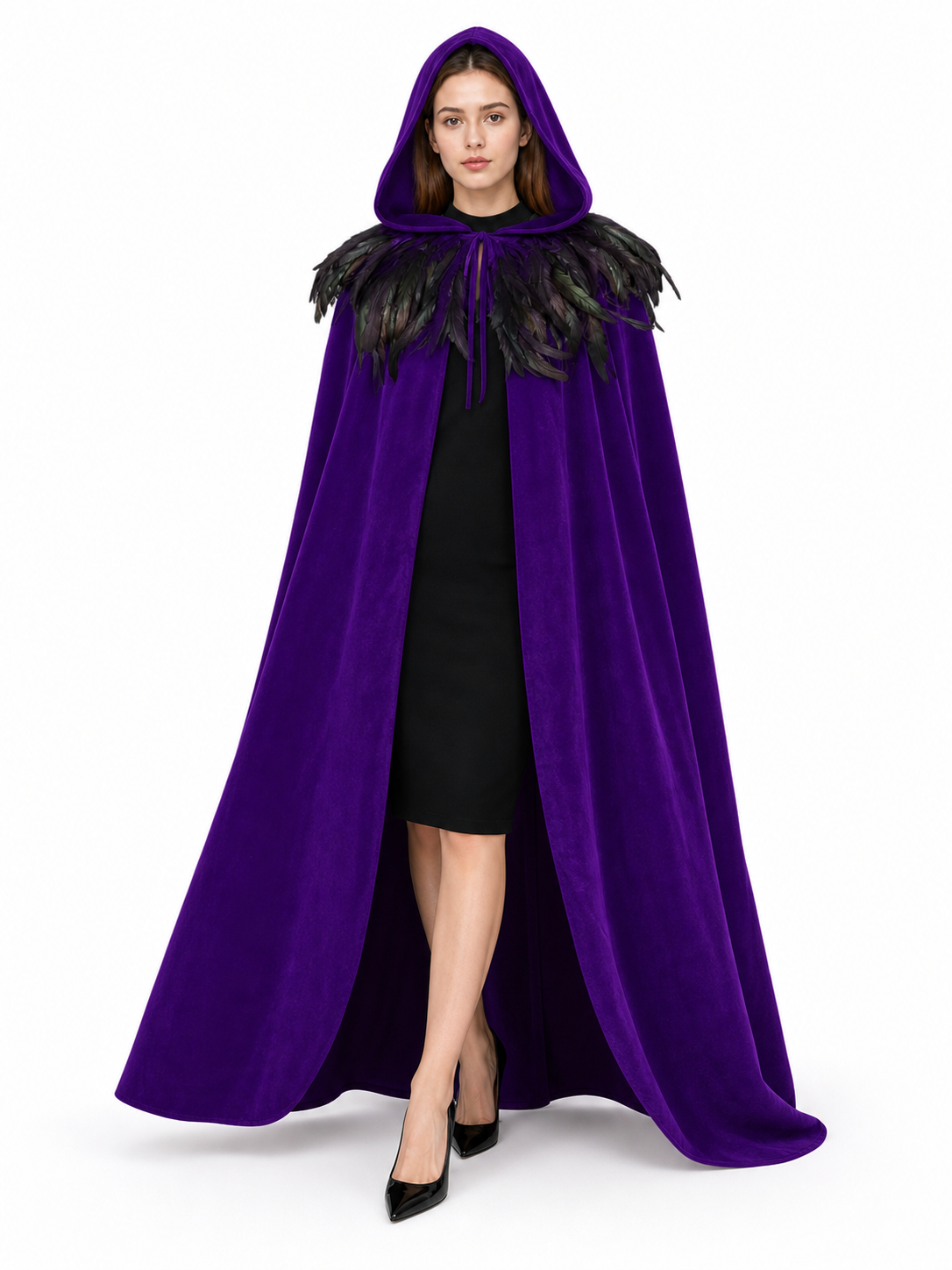 Purple Velvety Hooded Cape with Feathers