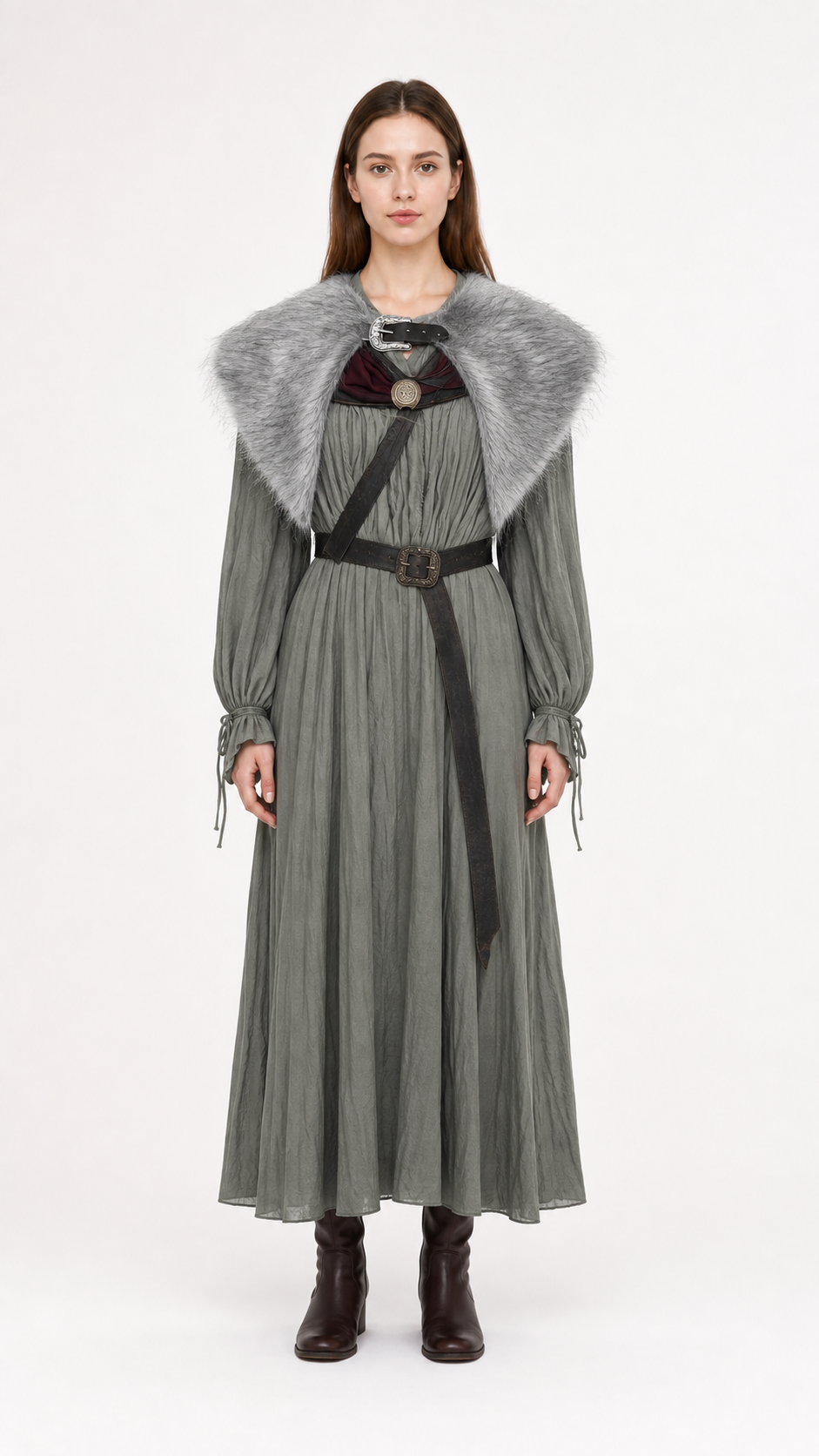 Adult Viking Cape Costume, Fluffy Gray-White Shoulder Edge, Gold Emblem & Button main product view 3