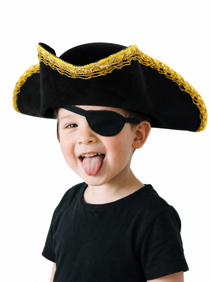Children's black pirate tricorn hat with decorative gold trim for costume play and themed events