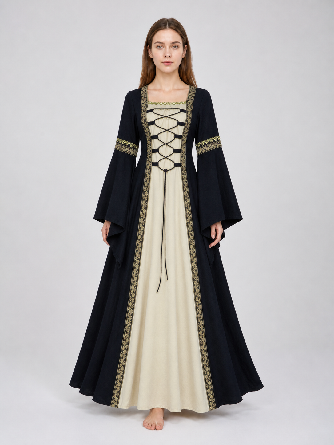 Medieval-style dress with flared sleeves, lacing, and decorative trim. The design is made in black with a cream-colored center panel and golden floral elements along the edges and on the cuffs. The open front layer frames the light-colored 