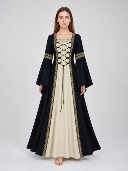 Medieval-style dress with flared sleeves, lacing, and decorative trim. The design is made in black with a cream-colored center panel and golden floral elements along the edges and on the cuffs. The open front layer frames the light-colored 