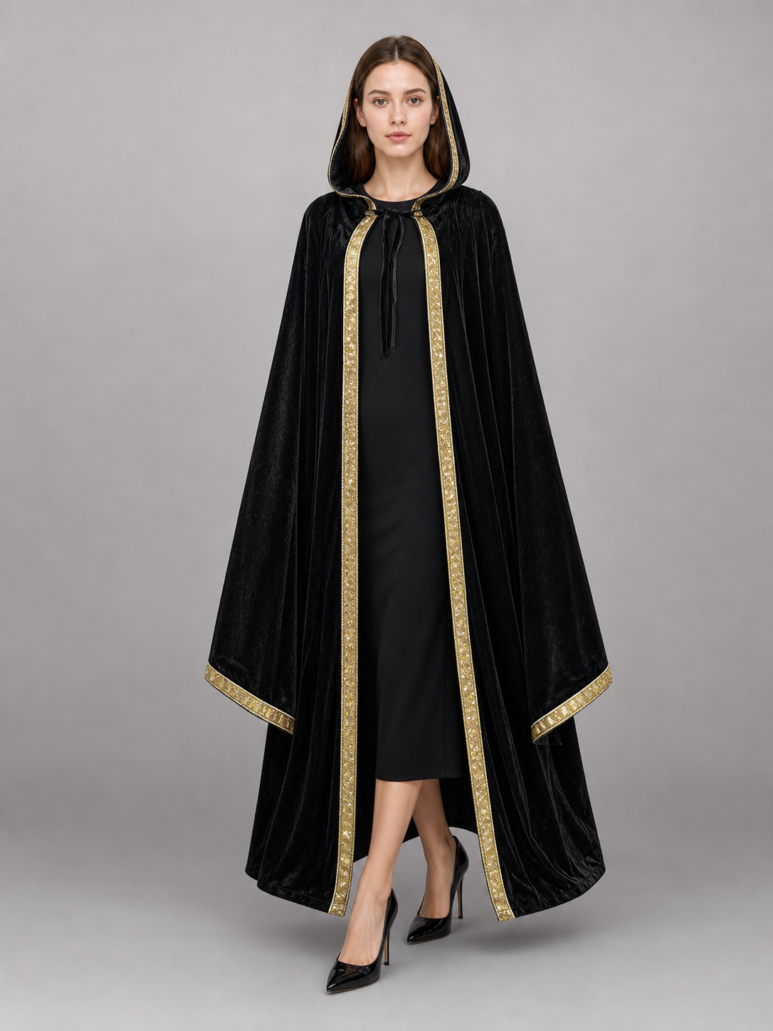 Black Carnival Cloak with Hood and Gold Trim