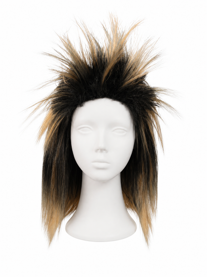 Costume wig with black and blonde spiky fibers and long straight side sections, displayed alone against a white background