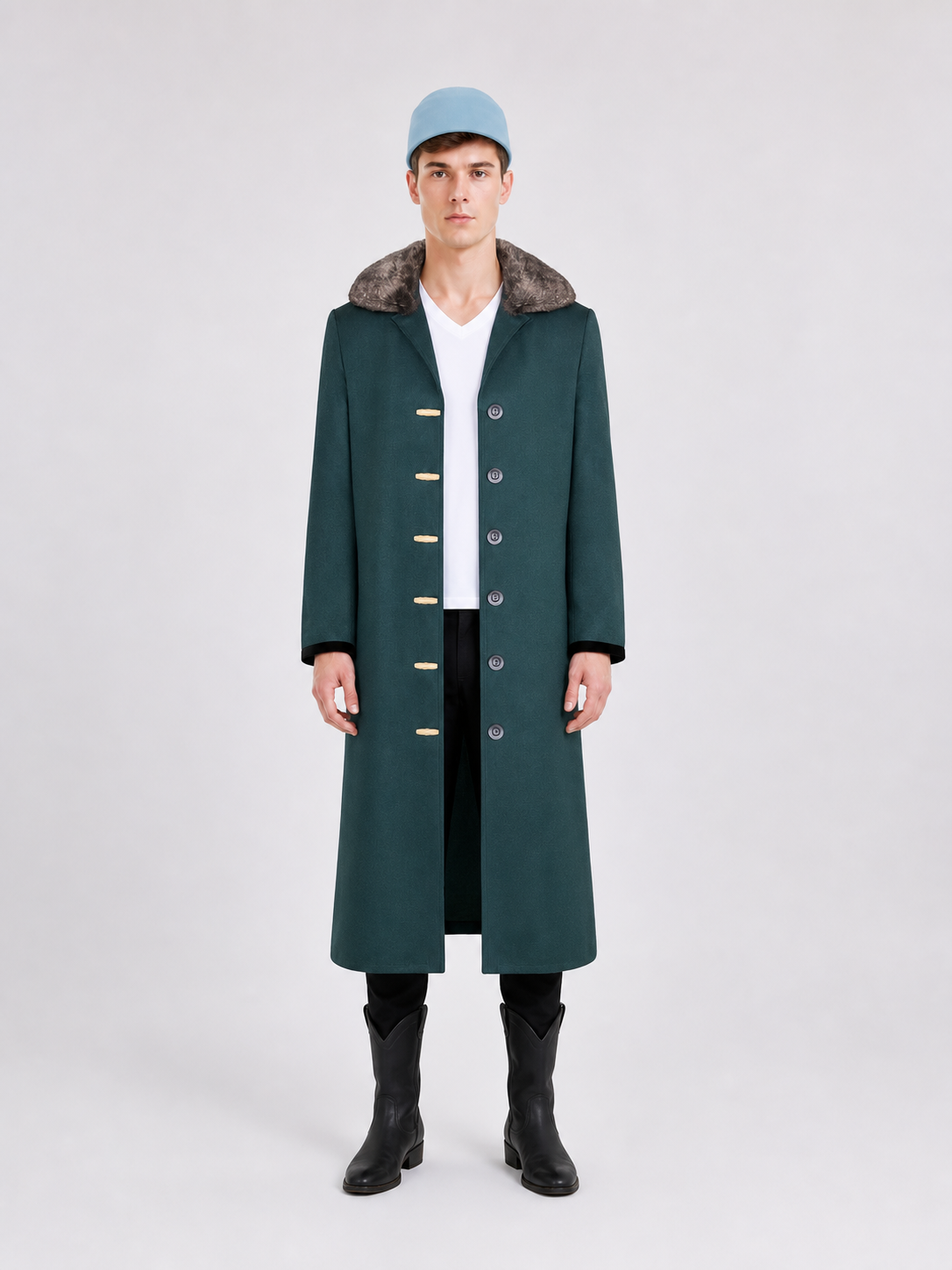 Green Long Coat with Fur Collar for Cosplay