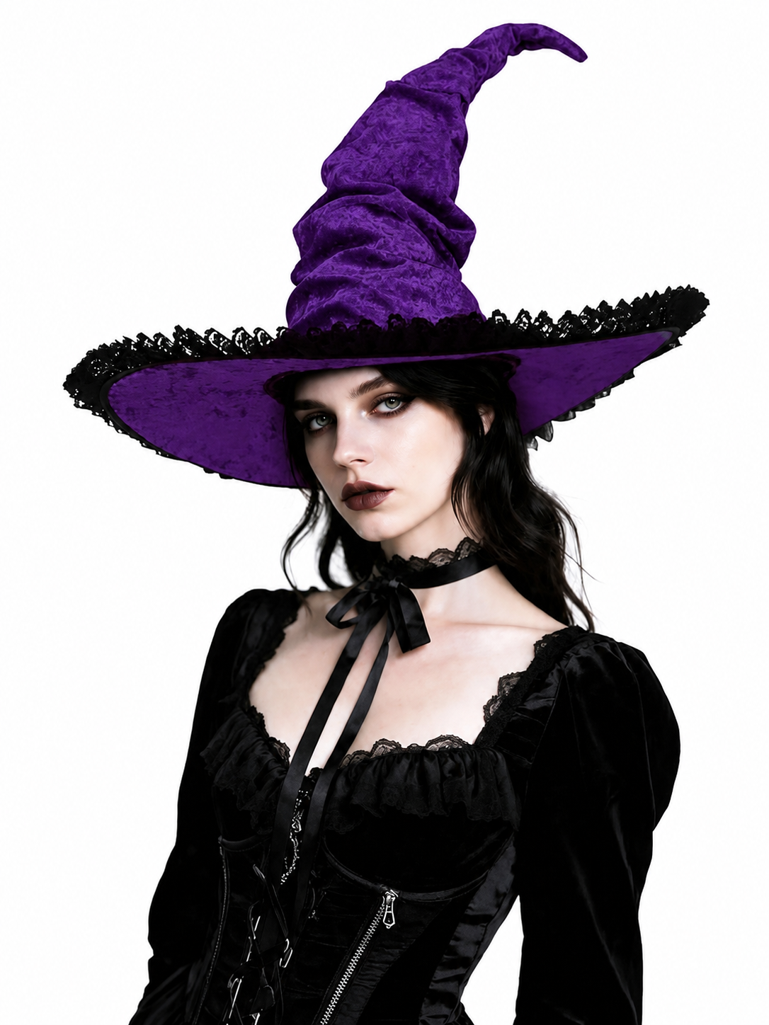 Purple Halloween Witch Hat Pointed Wide Brim Gothic Costume Accessory With Black Lace-Like Trim For Cosplay Themed Parties