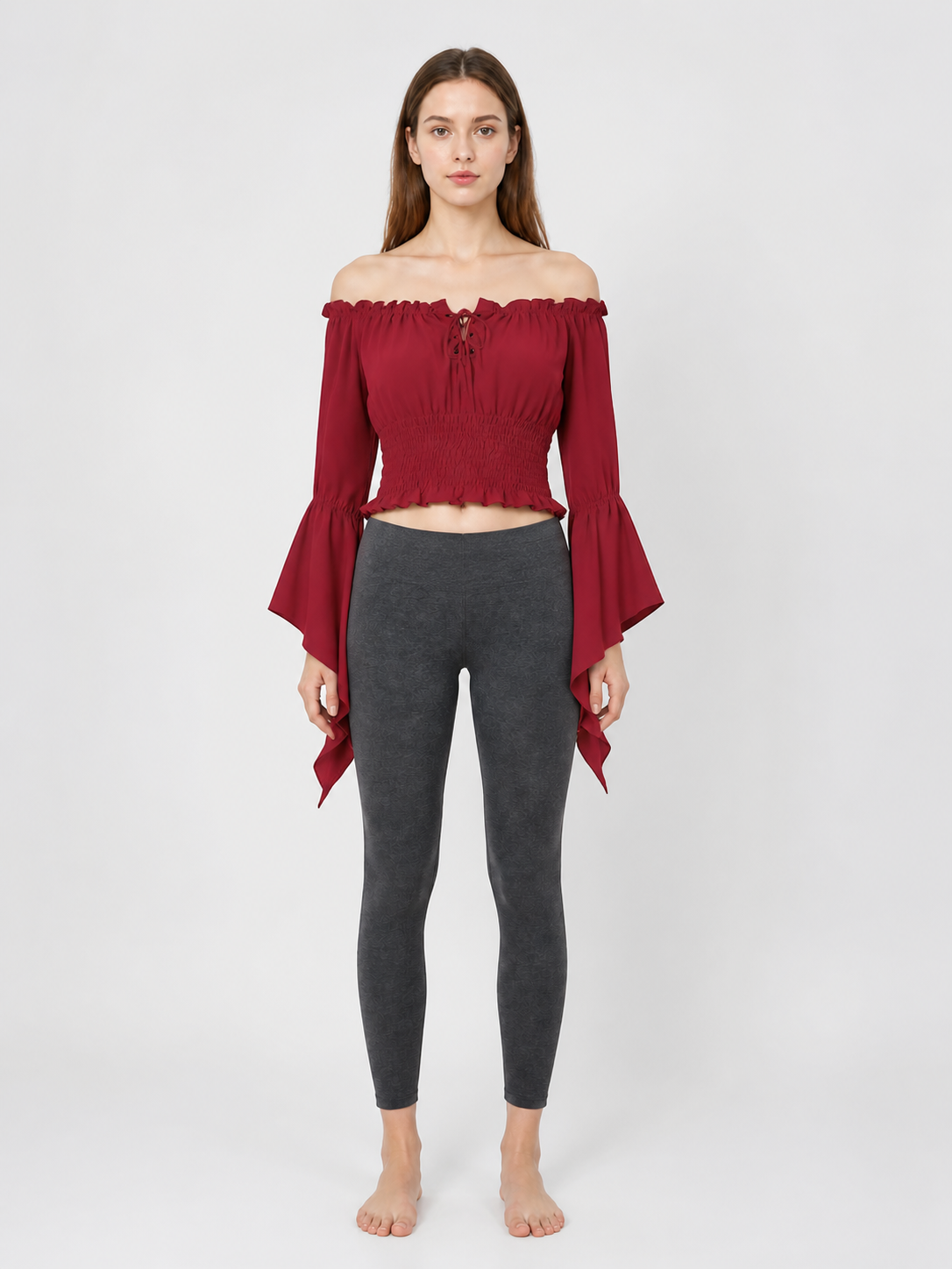 Cropped Off-Shoulder Lace-Up Blouse