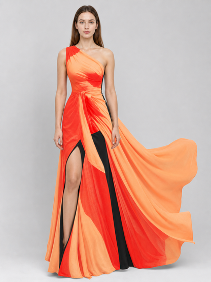 Asymmetrical One-Shoulder Orange Maxi Dress