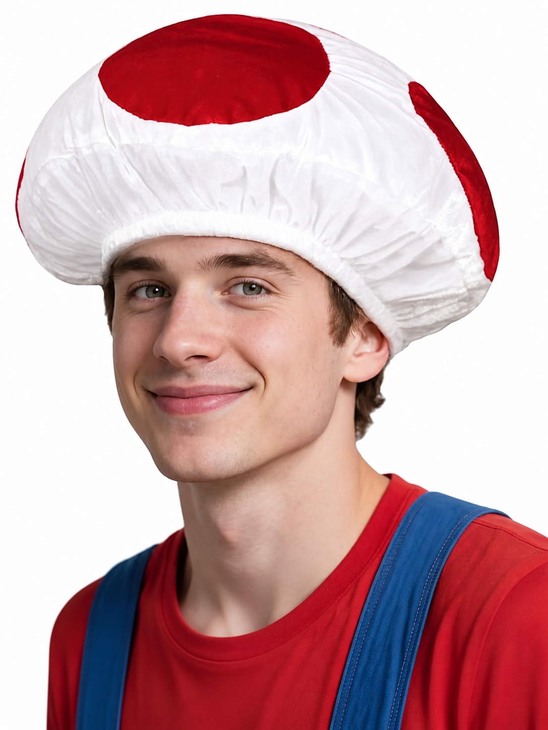 An unusual mushroom-shaped headpiece will be a noticeable detail of a costume, themed party, or stage look. The design has a playful style and resembles a large mushroom hat: a rounded, voluminous crown with a full gathered shape and a wide
