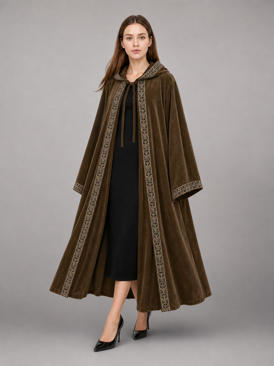Long Hooded Robe, Brown, Loose Fit main product view 8