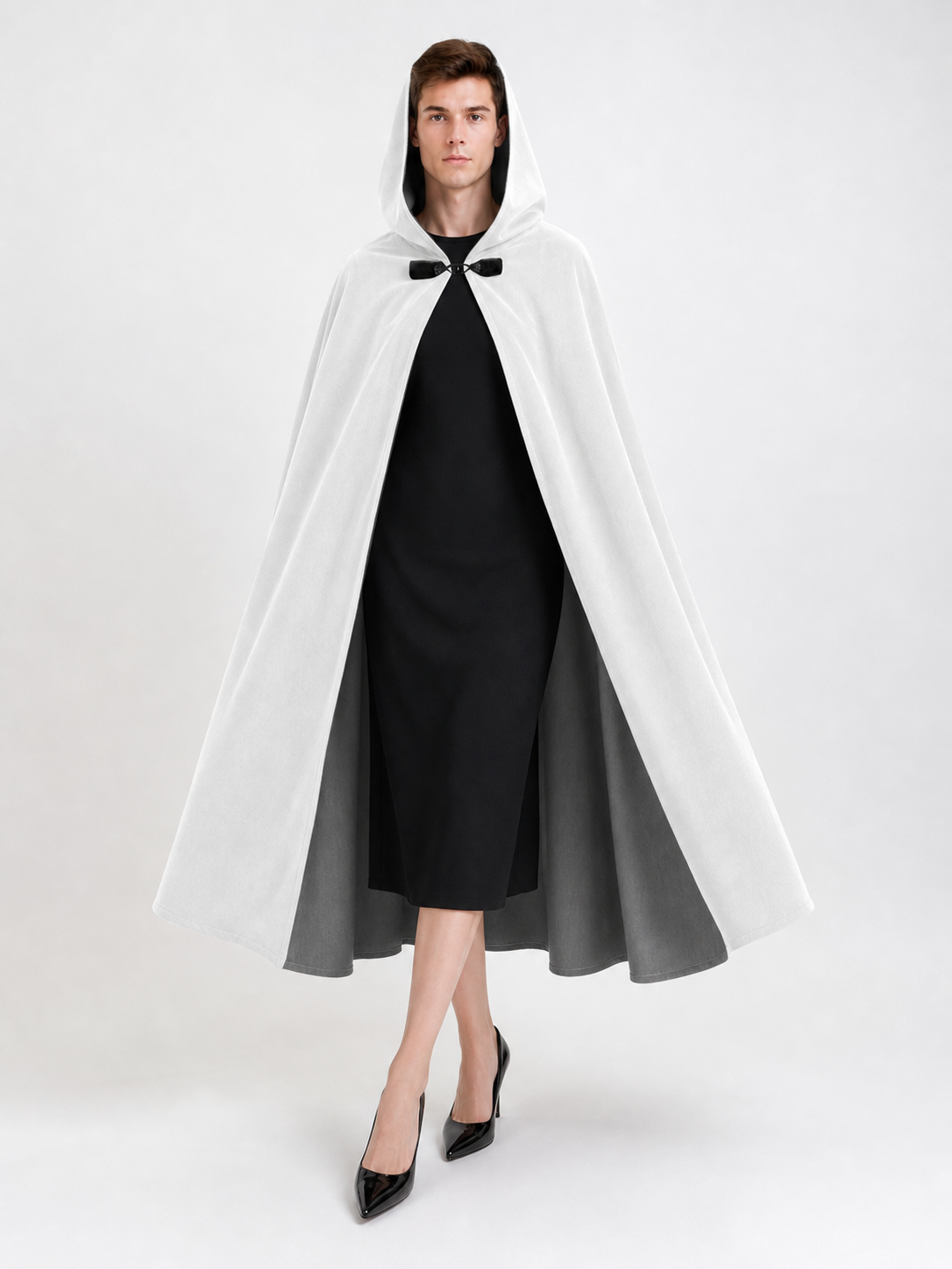 Medieval White Velvet Hooded Long Cloak Cape with Black Bow Tie Front Flared Hem main product view 7