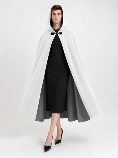 Medieval White Velvet Hooded Long Cloak Cape with Black Bow Tie Front Flared Hem main product view 7
