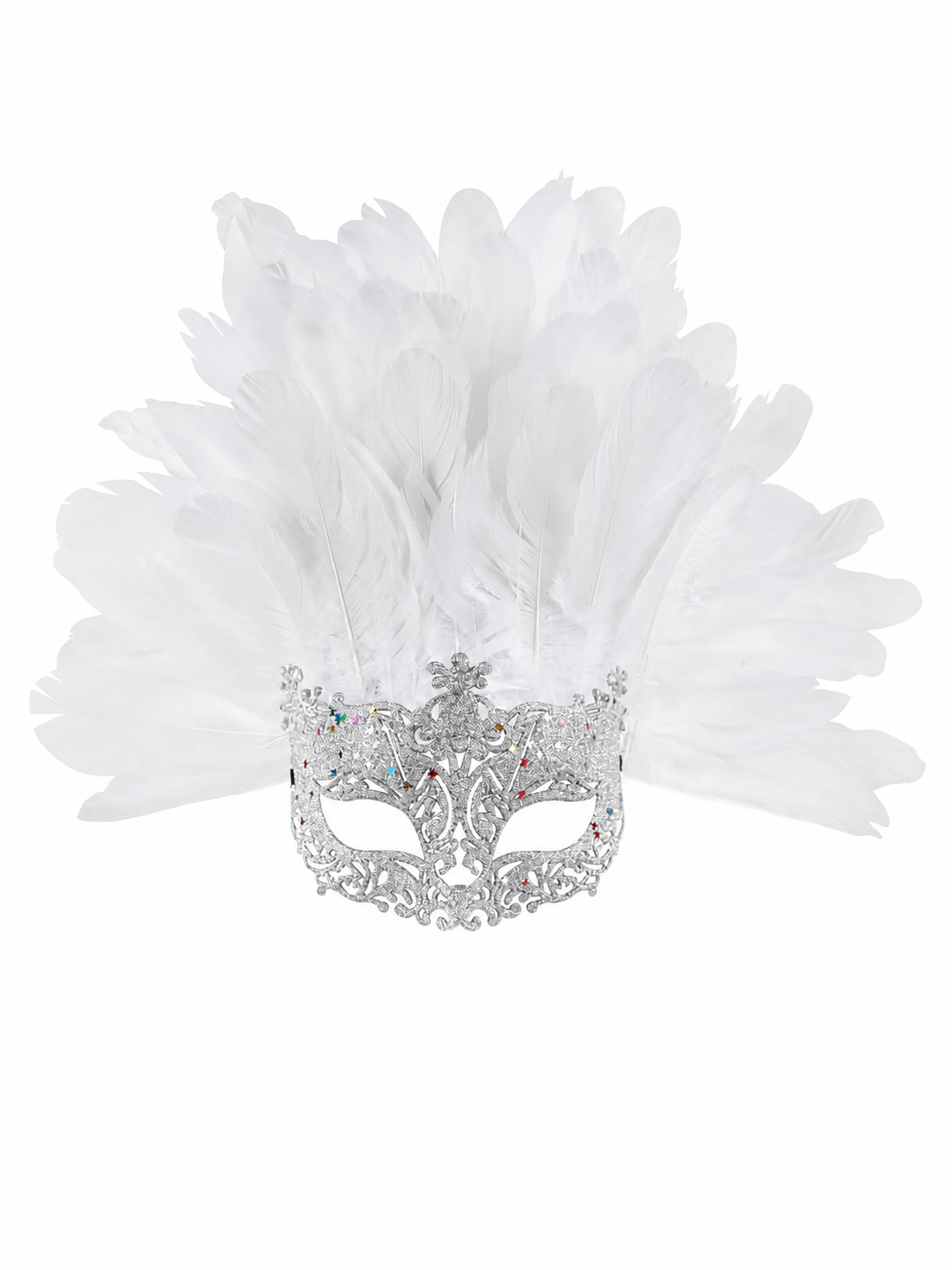 Masquerade Mask with White Feathers and Glitter