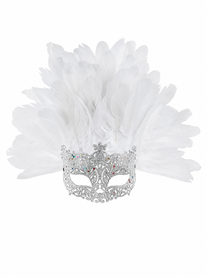 Masquerade Mask with White Feathers and Glitter