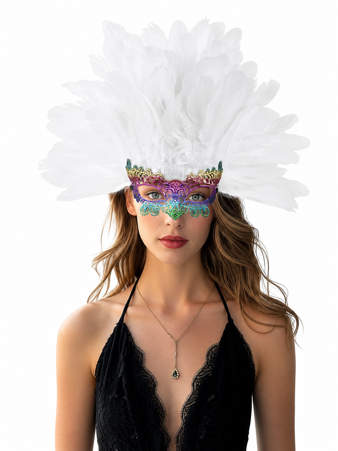 Masquerade headpiece with feathers and a mask