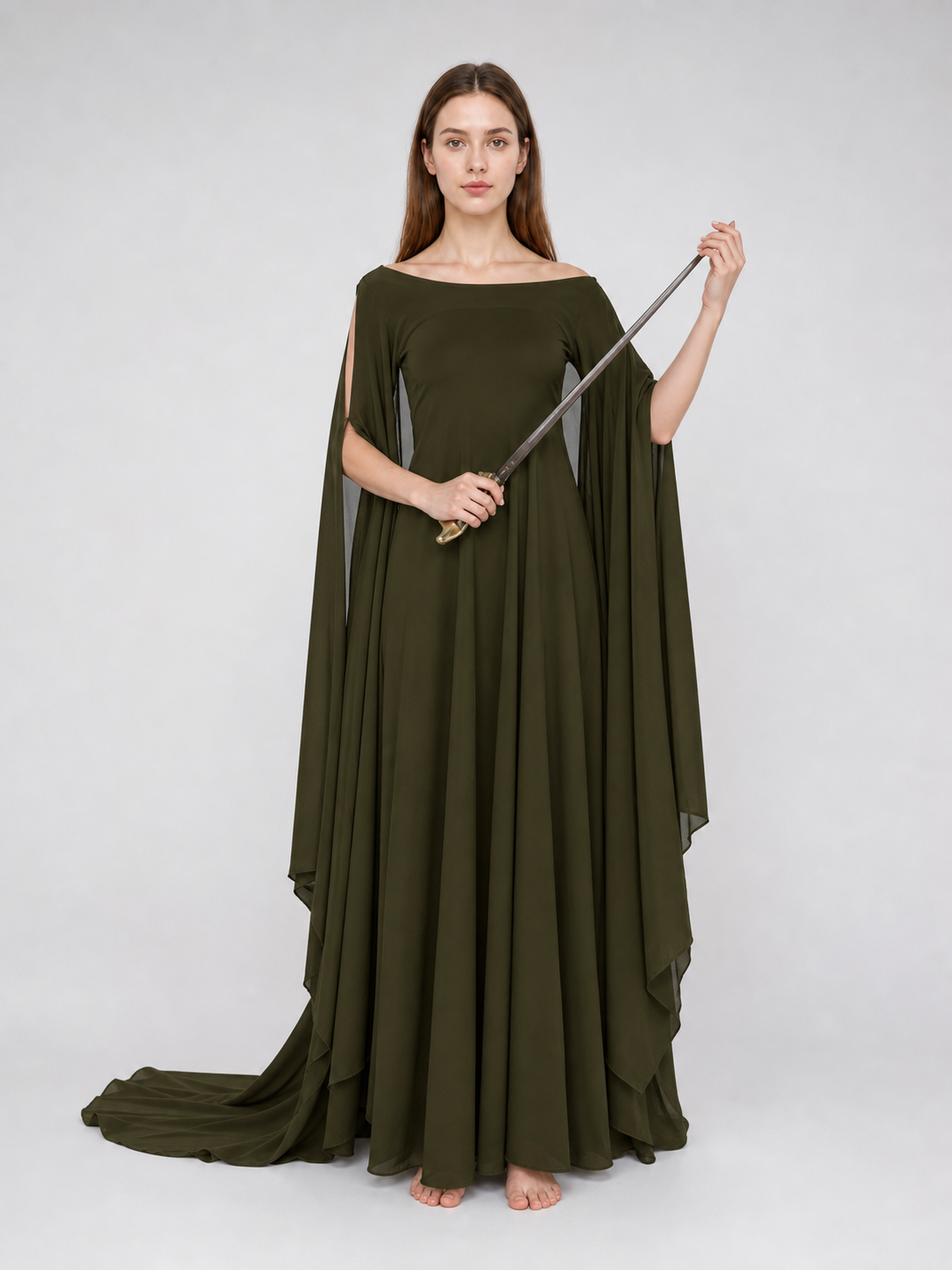 Fantasy-Style Dress with a Draped Skirt and Train