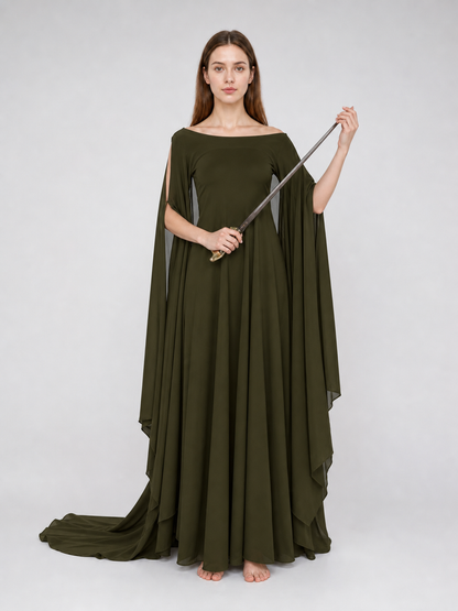 Fantasy-Style Dress with a Draped Skirt and Train