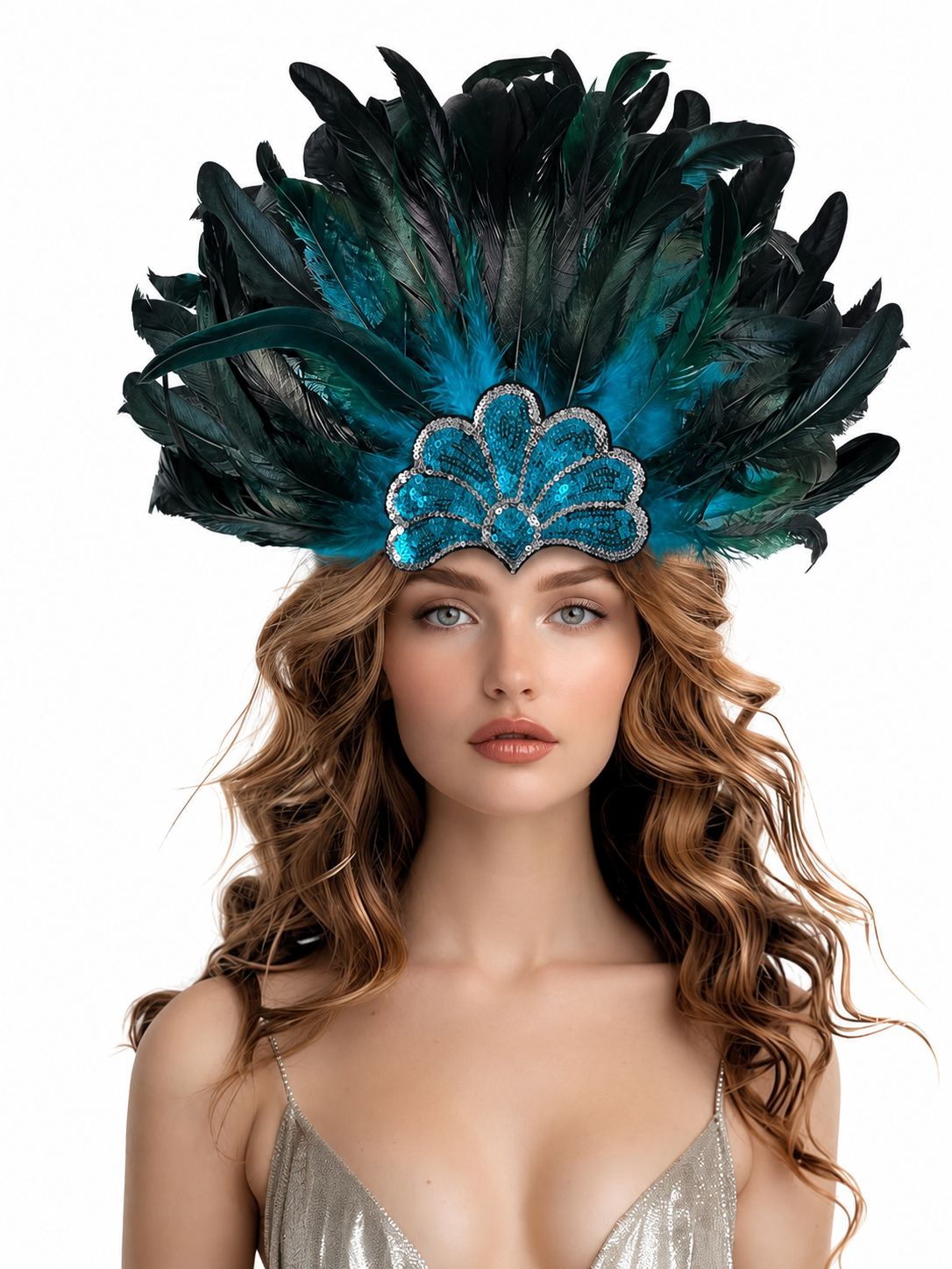 Feather Headpiece with Turquoise Sequins