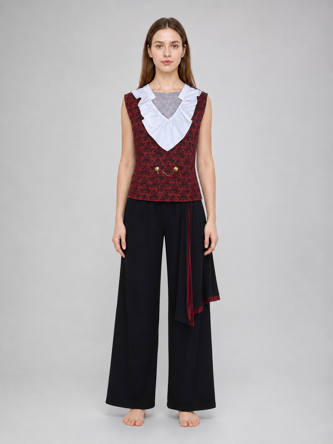 Cosplay costume with cape, chain, and trim