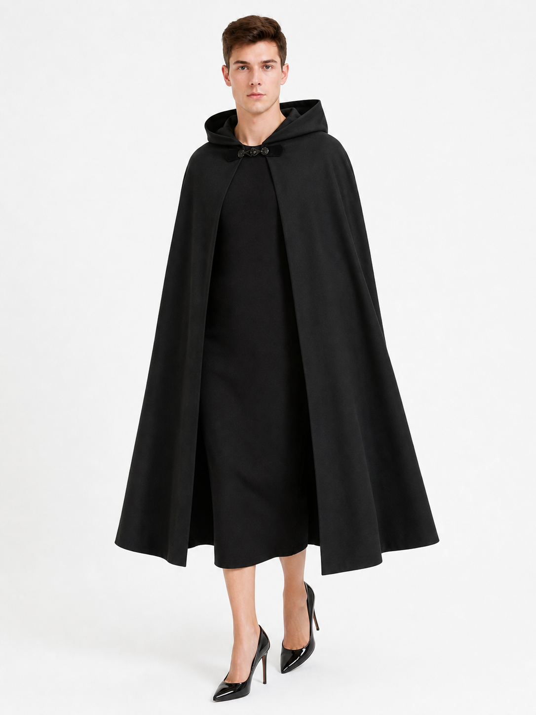Long black hooded carnival cloak