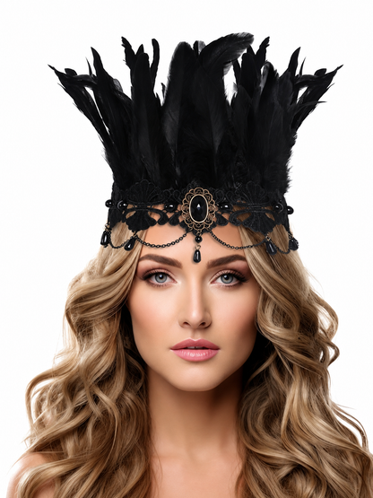 Black feather headpiece displayed alone against white, with lace trim, an oval centerpiece, curved chains, and dangling beads