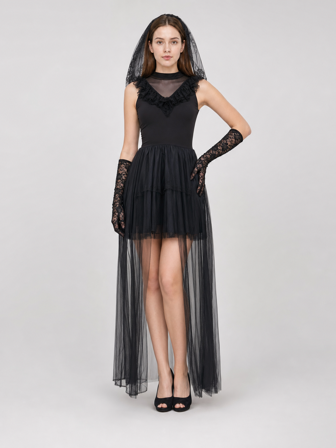 Gothic costume dress with veil and gloves