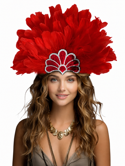 Red feather headpiece with a silver-trimmed fan decoration, worn by a smiling model against a white background