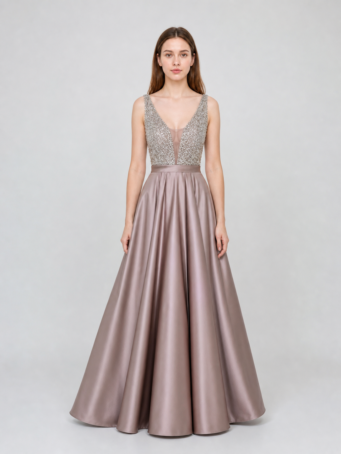 Sleeveless Evening Dress with Embellishment and V-Neckline
