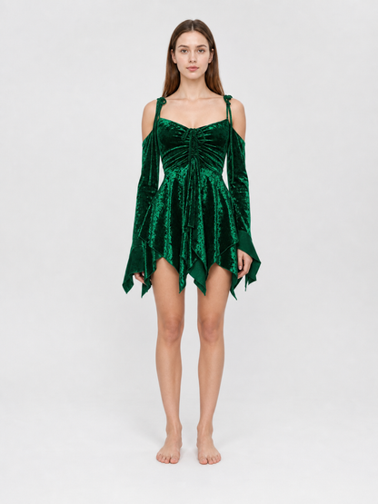 Emerald Green Mini Dress with a Velvet-Like Texture