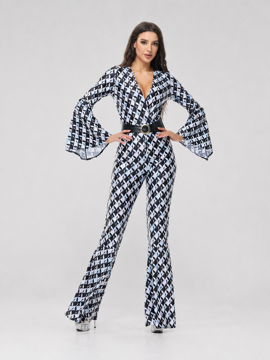 Retro Flared Jumpsuit with Geometric Print