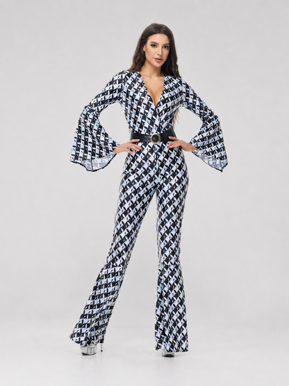 Retro Flared Jumpsuit with Geometric Print