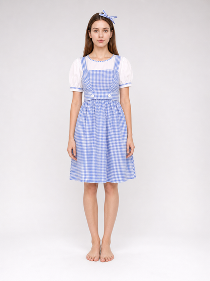 Blue-and-white plaid dress with puff sleeves