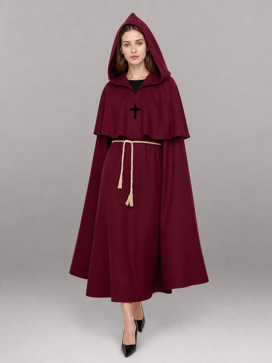 Burgundy Hooded Carnival Cloak for Cosplay