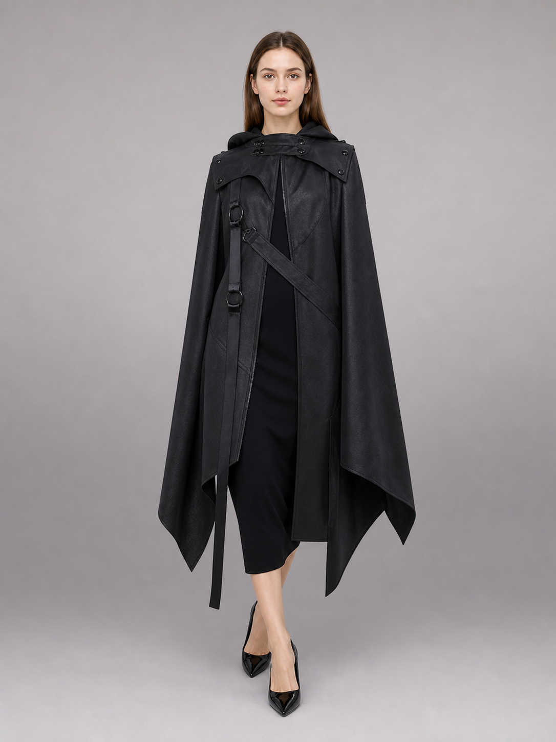 Black asymmetrical carnival cloak with hood