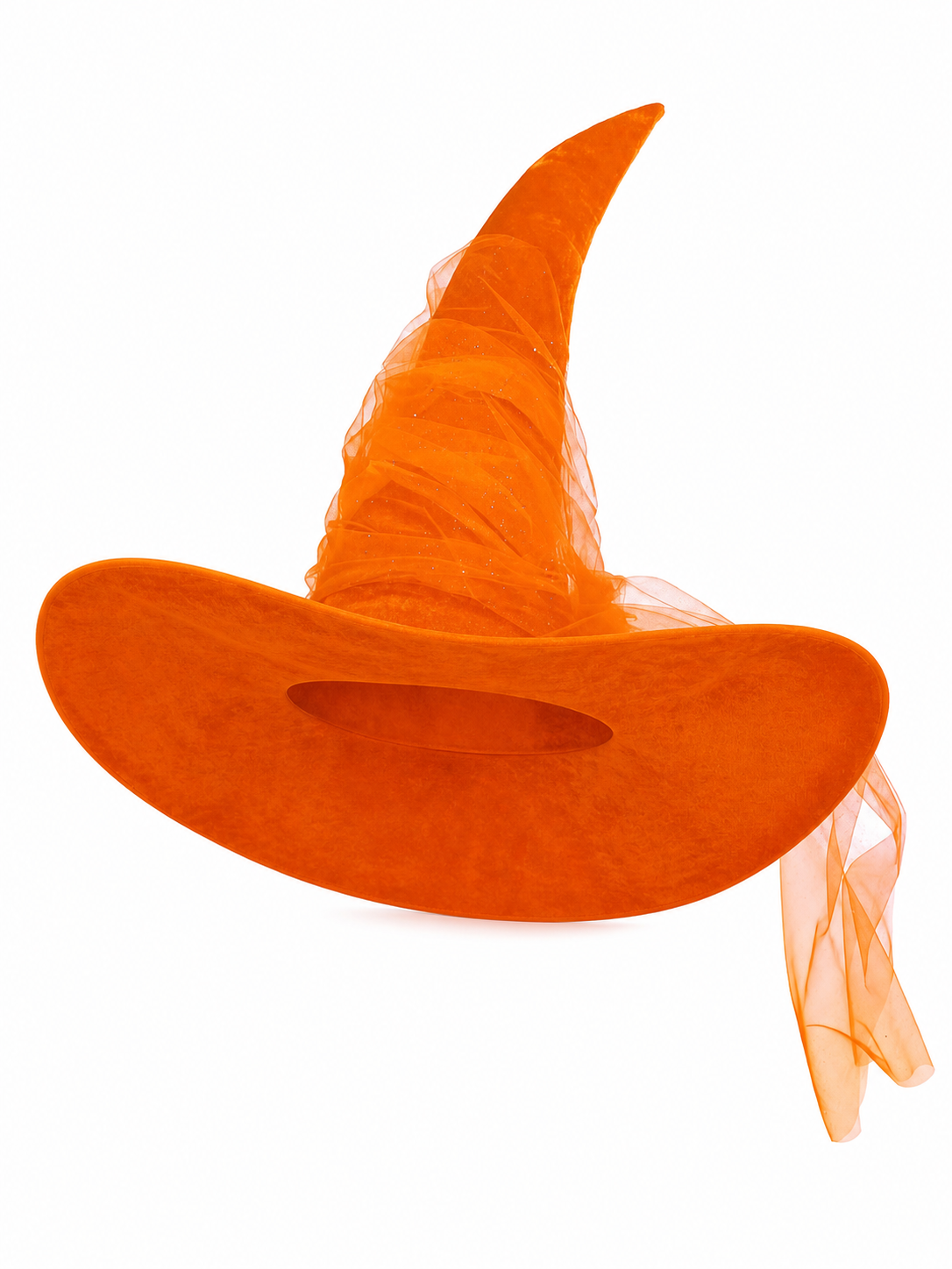 Orange Halloween Witch Hat, Tall Curved Pointed Crown, Wide Floppy Brim, Sheer Mesh Draping, Costume Accessory for Parties