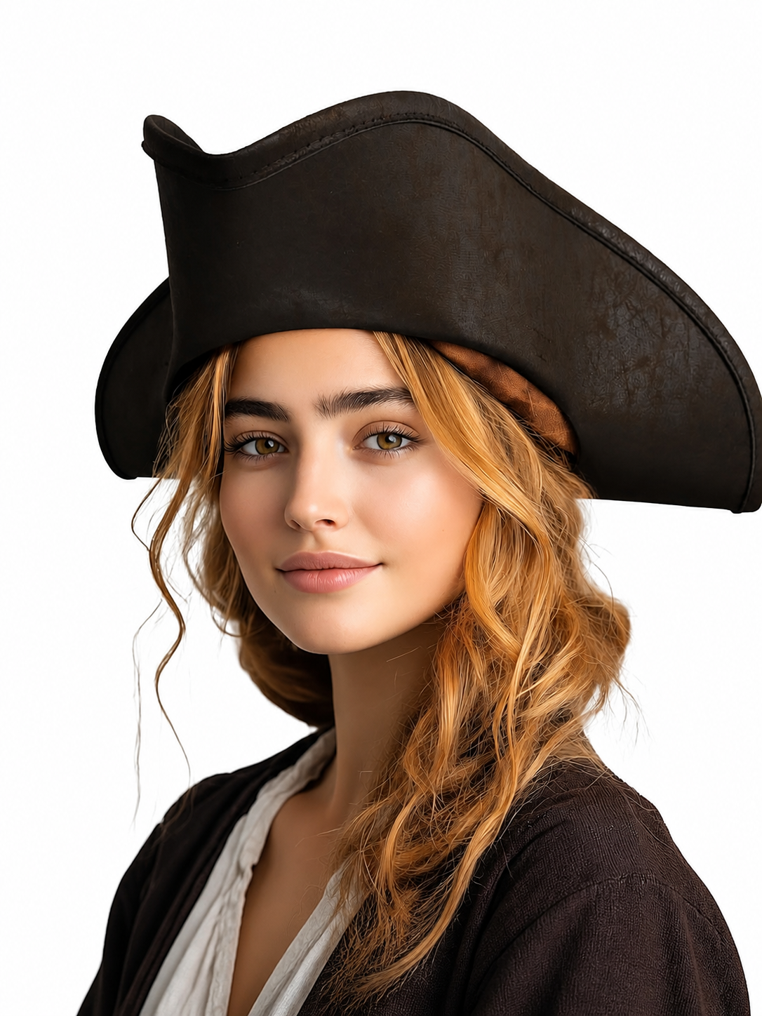 Women's Pirate Hat for Costume Parties, Cosplay and Themed Events, Tall Curved Crown, Wide Asymmetrical Brim, Dark Brown to Black Textured Design