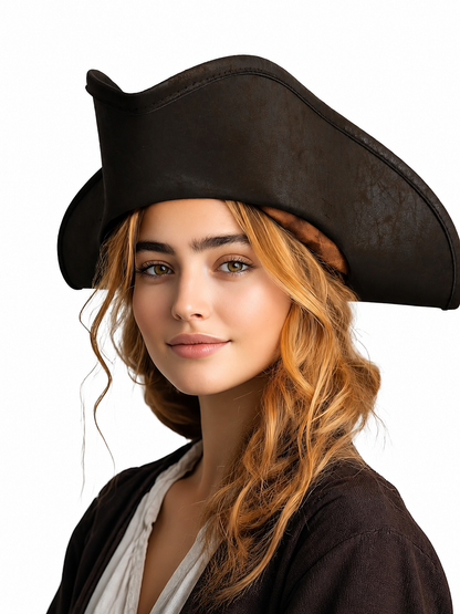 Women's Pirate Hat for Costume Parties, Cosplay and Themed Events, Tall Curved Crown, Wide Asymmetrical Brim, Dark Brown to Black Textured Design