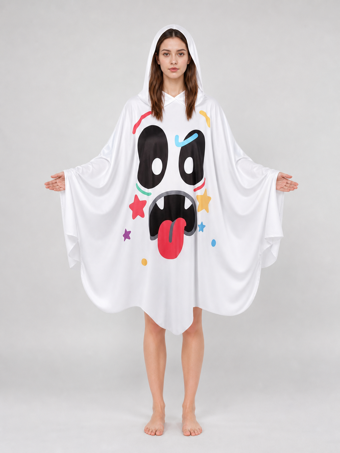Halloween Ghost Costume Hooded Poncho with Cartoon Face Graphic, Wide Draped Sleeves and Multicolor Details for Costume Parties