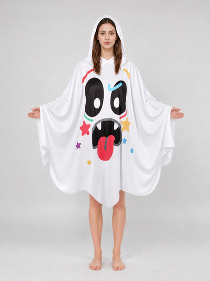 Halloween Ghost Costume Hooded Poncho with Cartoon Face Graphic, Wide Draped Sleeves and Multicolor Details for Costume Parties