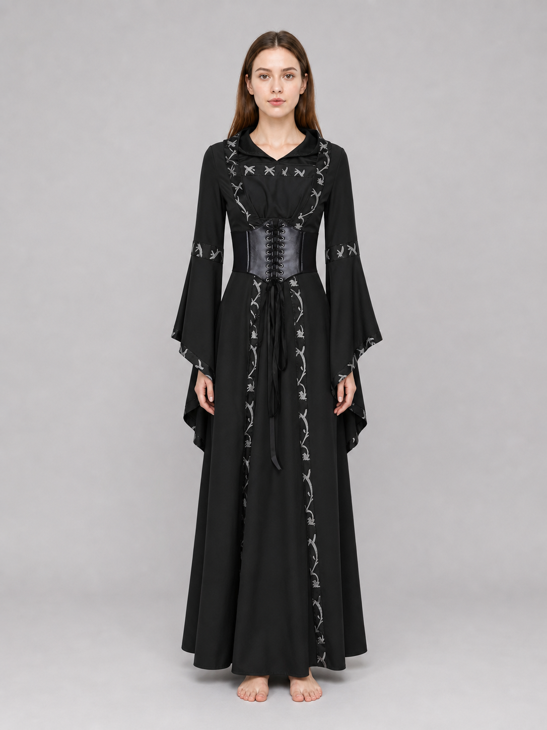 Gothic Long Hooded Dress with Lacing