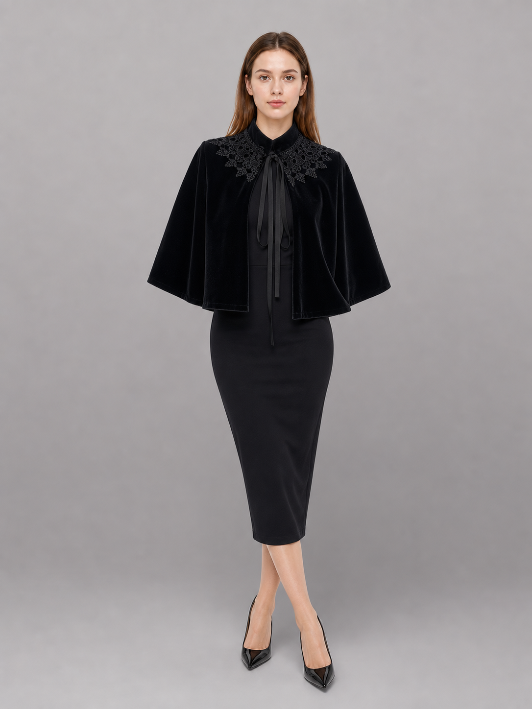 Black costume cape with collar and ties