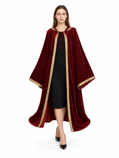 Burgundy Costume Cloak with Hood and Gold Trim