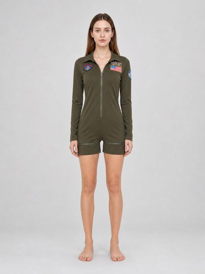 Olive Long-Sleeve Romper Shorts